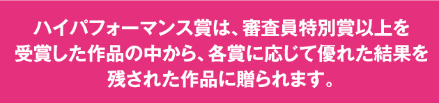 ハイパフォーマンス賞は、審査員特別賞以上を受賞した作品の中から、各賞に応じて優れた結果を残された作品に贈られます。